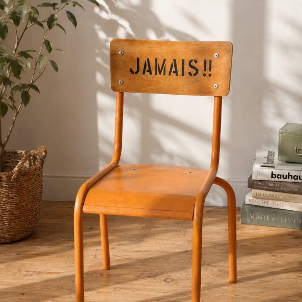 Chaise d'écolier vintage relookée avec de la peinture à la craie Annie Sloan, couleur orange lumineux, avec dossier en bois naturel avec inscriptions "JAMAIS!!" et "SILENCE" en lettres noires style industriel.