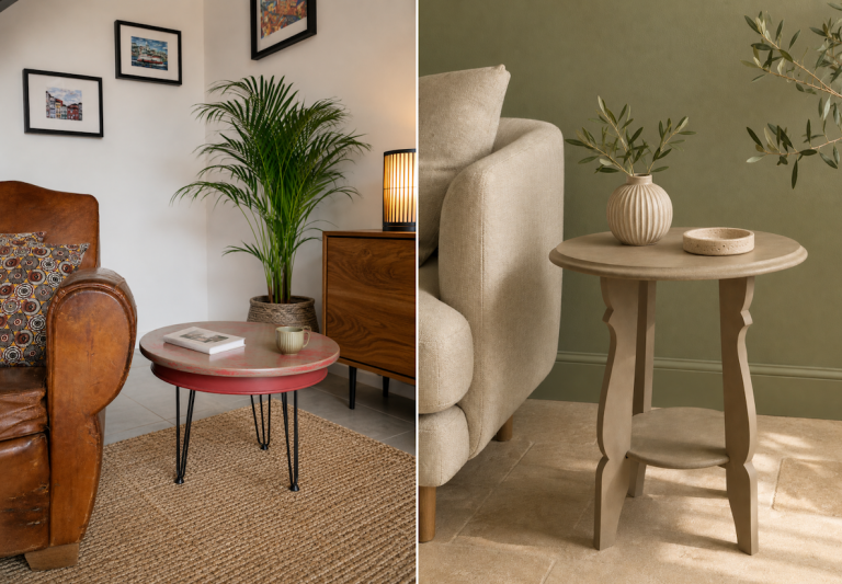Relooking d'une table en bois avec pieds upcyclés. Relooking d'un guéridon en bois. Peinture à la craie Annie Sloan. Ambiance chaleureuse.