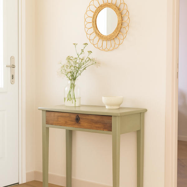 Table d’appoint en bois relookée en vert sauge avec tiroir bois brut, peinture à la craie Annie Sloan