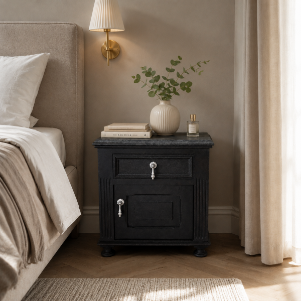 Table de chevet en bois, peint avec de la peinture à la craie Annie Sloan, couleur gris anthracite et plateau de la même couleur avec quelques touches plus claires, tiroir et porte avec poignées argentées