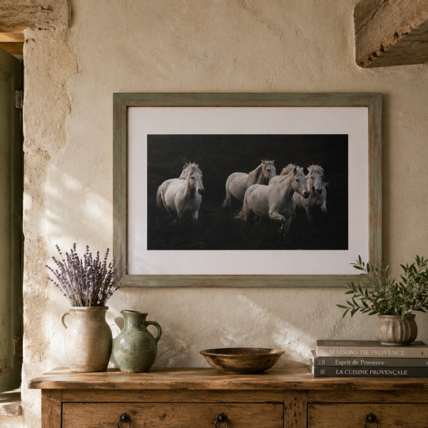 Cadre bois relooké avec photo représentant des chevaux de Camargue au galop. Photo originale en tirage limité Michel Labro. Cette œuvre met en lumière la puissance et l'élégance des chevaux de Camargue dans une composition sobre et intemporelle, idéale pour une décoration inspirée de la nature et de l'art de vivre provençal. Peinture à la craie Annie Sloan.