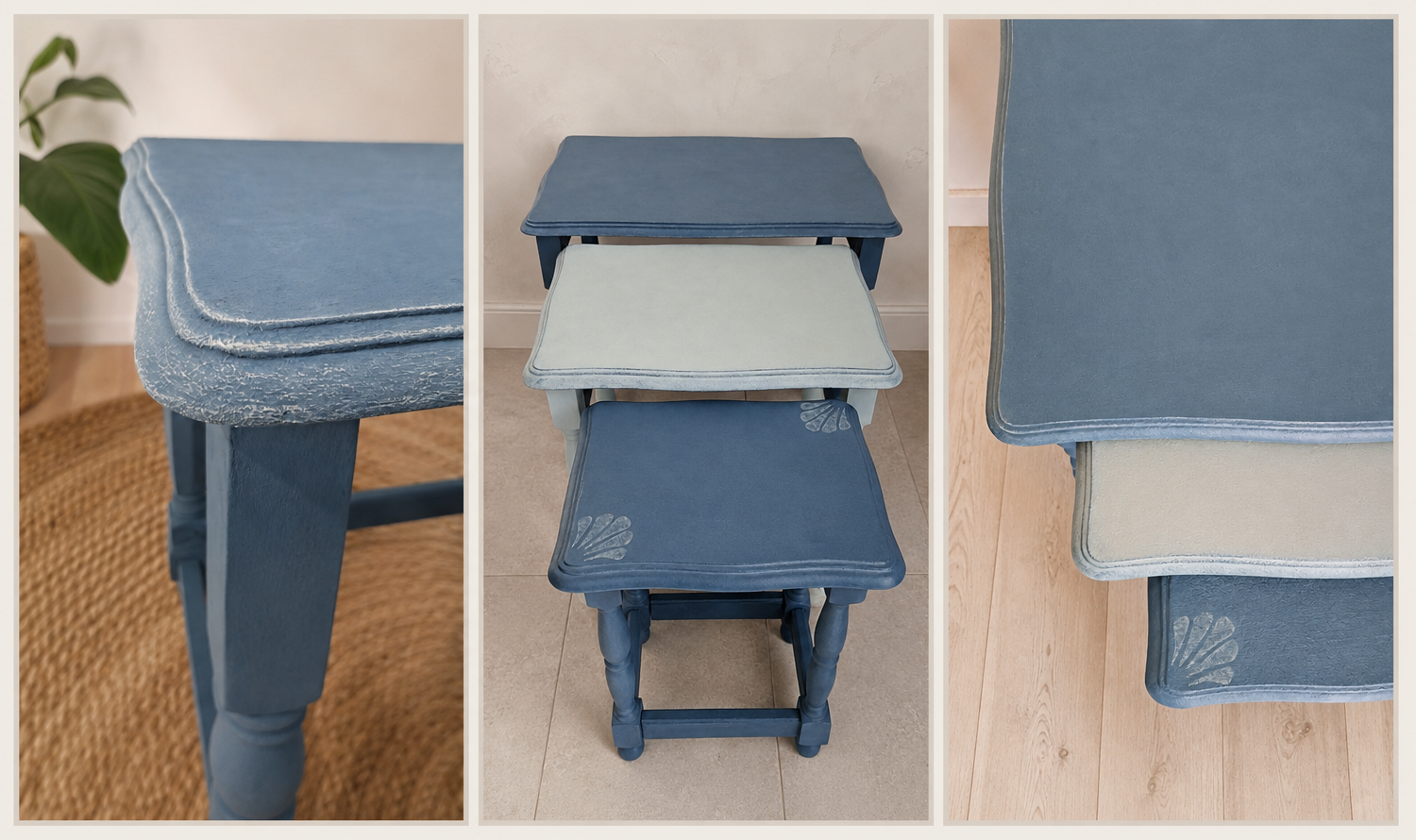 Triptyque présentant trois tables gigognes en bois relookées avec une peinture bleu patiné, finition vieillie et motifs décoratifs sur les plateaux. Peinture à la craie Annie Sloan.